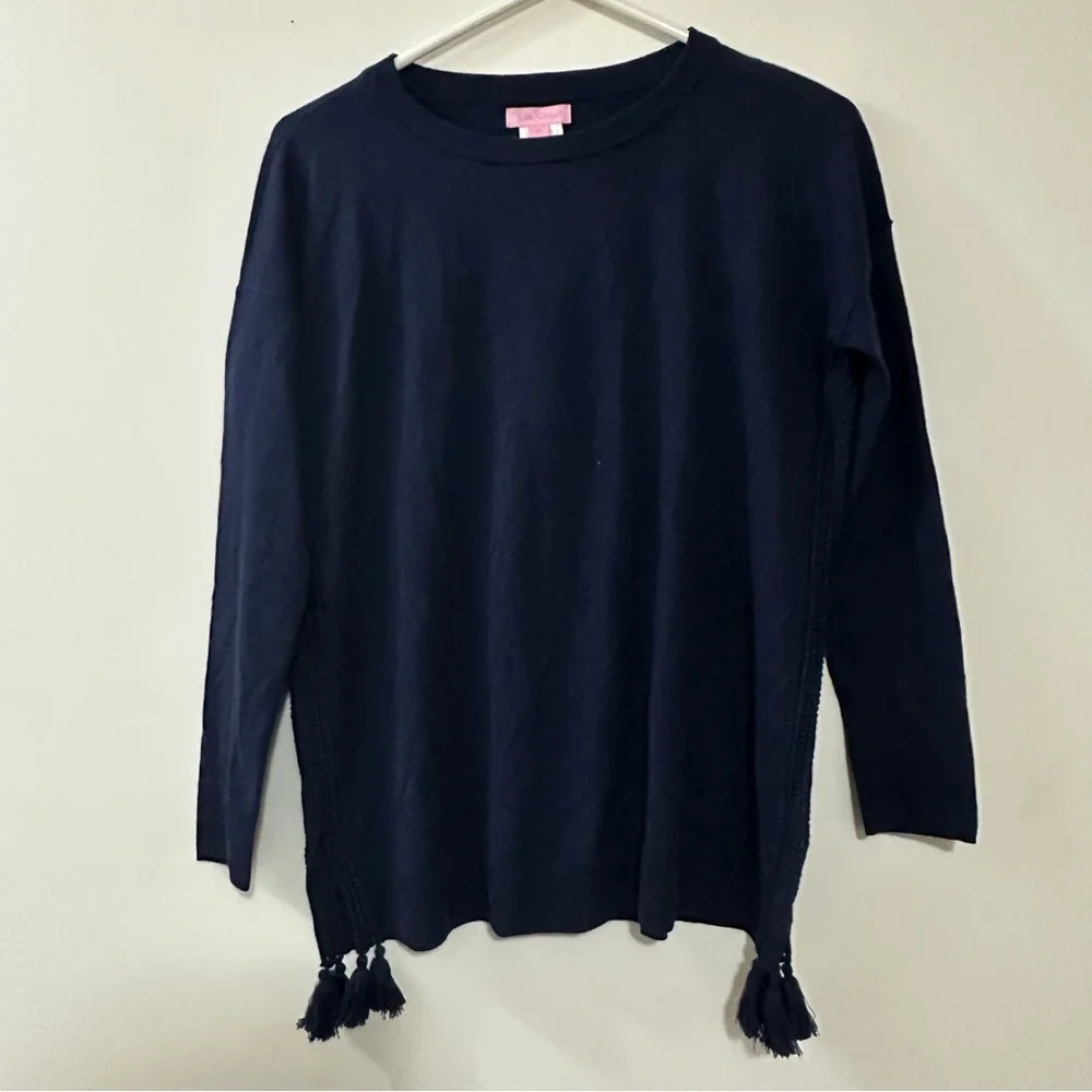 Lilly Pulitzer Damara Tassel Lightweight Crewneck Sweater Navy Blue Womens XS